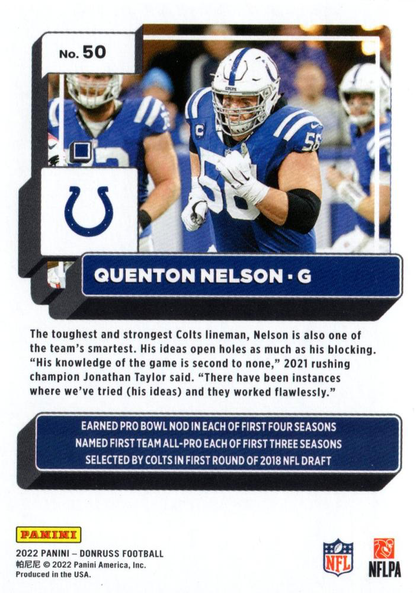 2022 Panini Donruss Quenton Nelson #50 Indianapolis Colts
