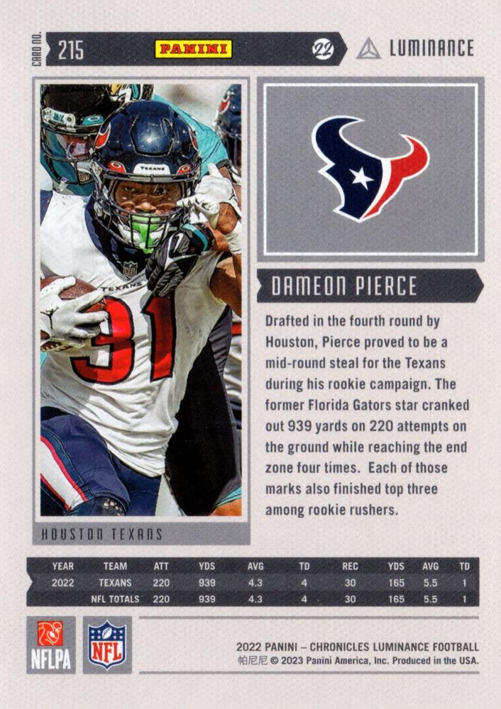 2022 Panini Chronicles Luminance Update Rookies RC Dameon Pierce #215 Houston Texans