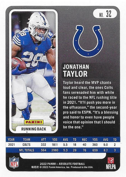 2022 Panini Absolute Jonathan Taylor #32 Indianapolis Colts