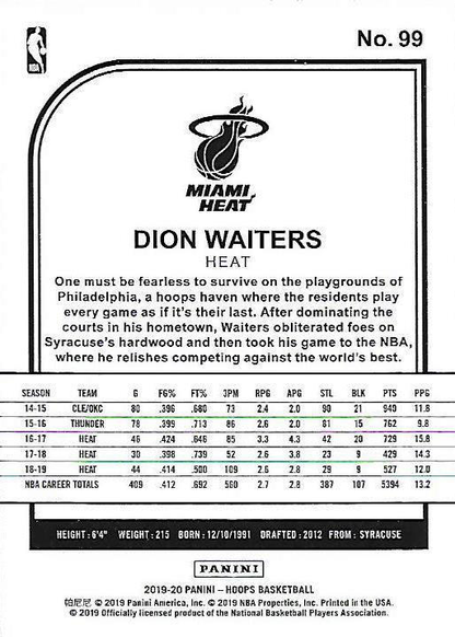 2019 Panini Hoops Dion Waiters #99 Miami Heat