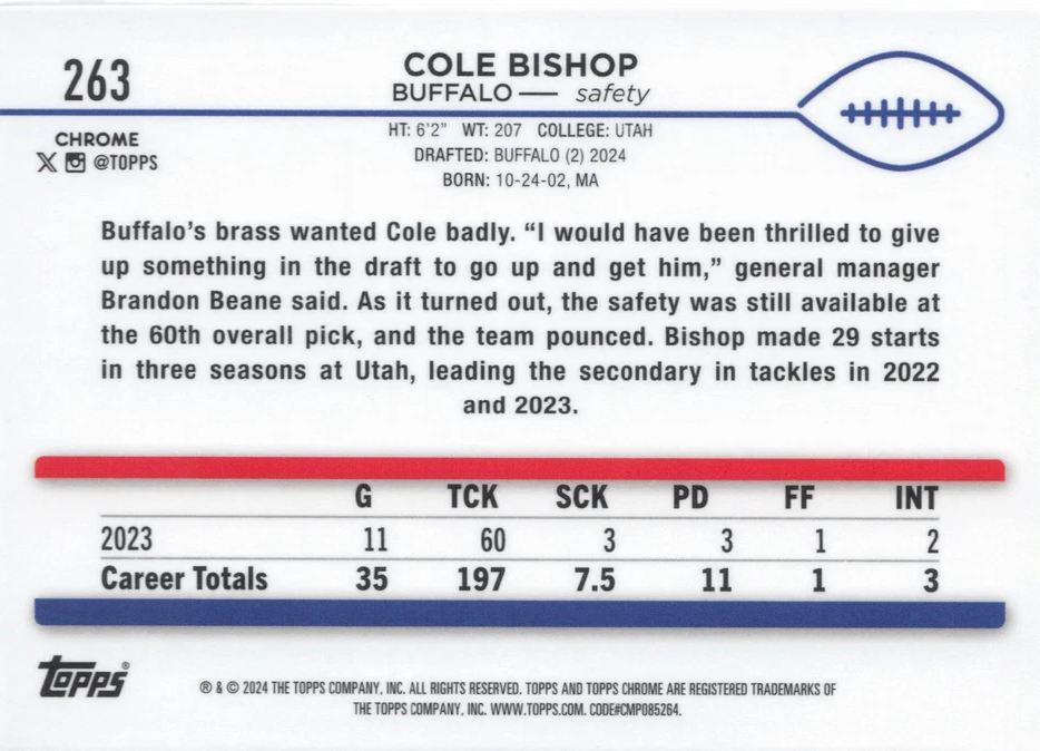 2024 Topps Chrome Football X- Fractor Cole Bishop RC #263 Buffalo Bills