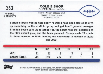 2024 Topps Chrome Football X- Fractor Cole Bishop RC #263 Buffalo Bills