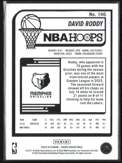 2023 Panini Hoops Purple David Roddy #146 Memphis Grizzlies