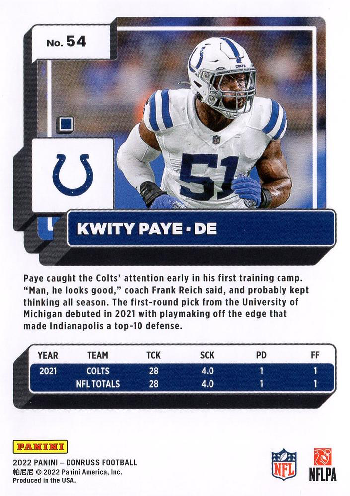 2022 Panini Donruss Kwity Paye #54 Indianapolis Colts