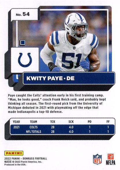 2022 Panini Donruss Kwity Paye #54 Indianapolis Colts