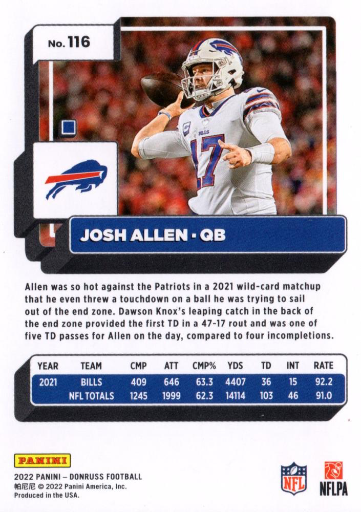 2022 Panini Donruss Josh Allen #116 Buffalo Bills
