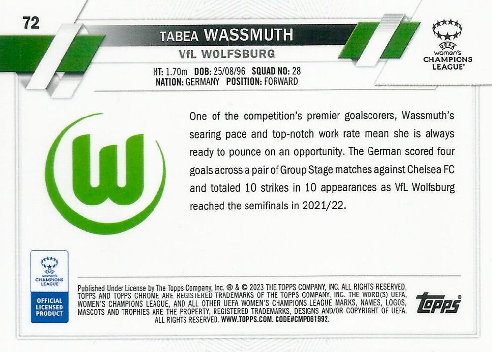 2022 Topps Chrome UCC Women's Tabea Wassmuth #72 VfL Wolfsburg