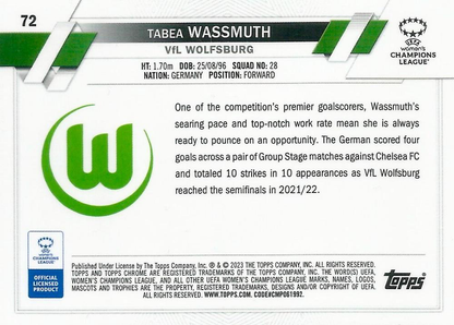 2022 Topps Chrome UCC Women's Tabea Wassmuth #72 VfL Wolfsburg