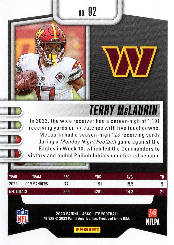 2023 Panini Absolute Terry McLaurin #92 Washington Commanders