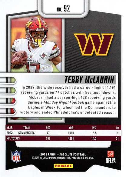 2023 Panini Absolute Terry McLaurin #92 Washington Commanders