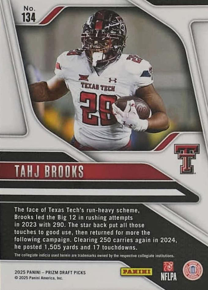 2025 Panini Prizm Draft Picks Tahj Brooks #134 Texas Tech Red Raiders