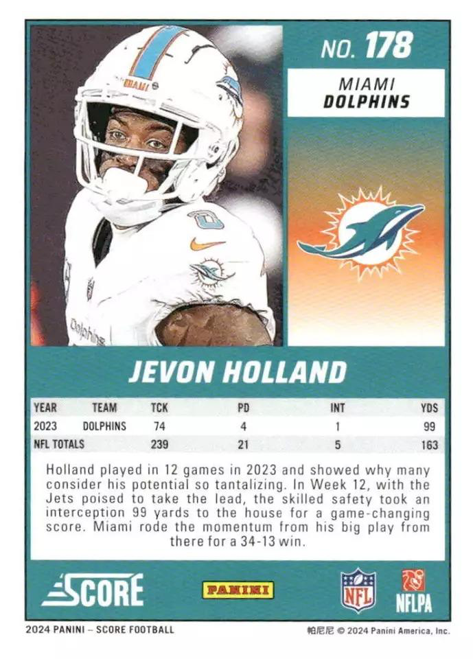 2024 Panini Score Football Green Jevon Holland Miami Dolphins #178