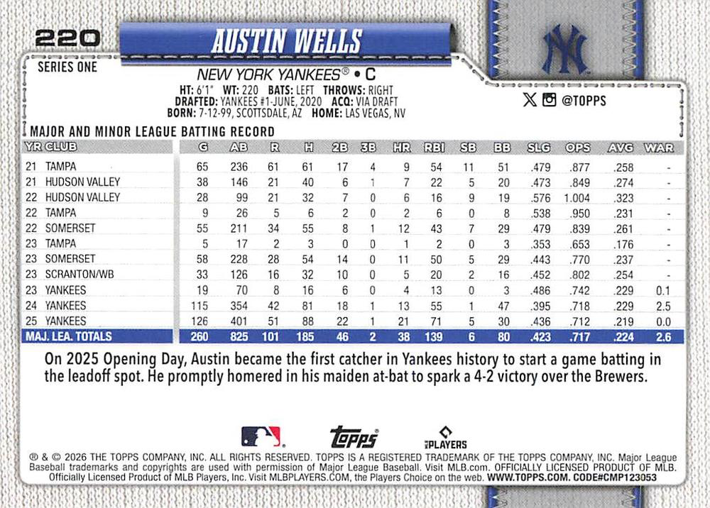 2026 Topps Series 1 Austin Wells #220 New York Yankees