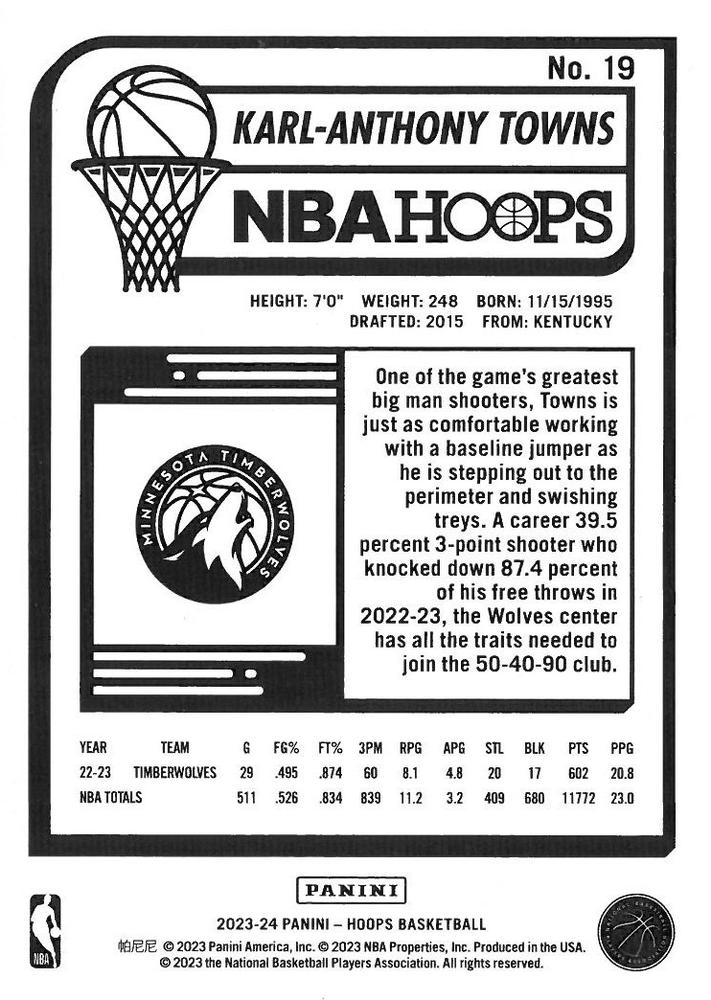 2023 Panini Hoops Karl-Anthony Towns #19 Minnesota Timberwolves