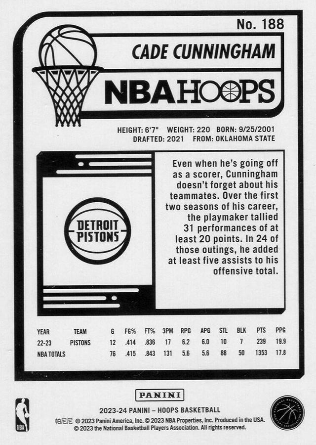 2023 Panini Hoops Cade Cunningham #188 Detroit Pistons