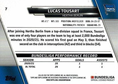 2021 Topps Chrome Bundesliga Lucas Tousart #7 Hertha BSC Berlin