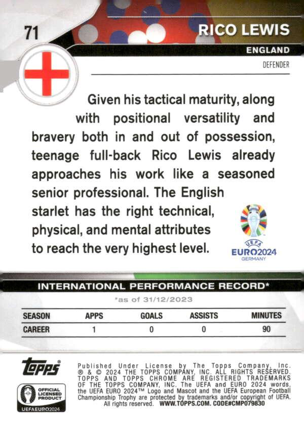 2024 Topps Chrome EURO National Debut Rico Lewis #71 England