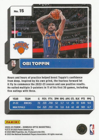 2022 Panini Donruss Optic Obi Toppin #15 New York Knicks
