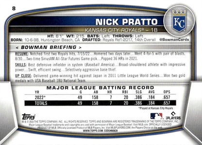 2023 Topps Bowman Nick Pratto RC Kansas City Royals #8