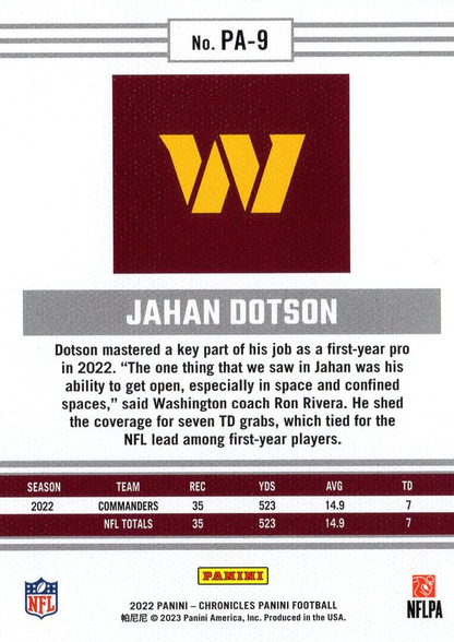 2022 Panini Chronicles Panini RC Jahan Dotson #PA-9 Washington Commanders