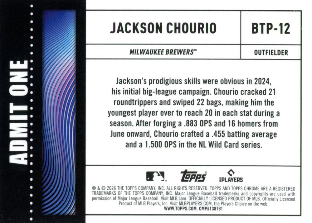 2026 Topps Chrome Big Ticket Players Jackson Chourio #BTP-12 Milwaukee Brewers