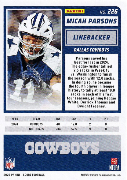 2025 Panini Score Scorecard Micah Parsons #226 Dallas Cowboys