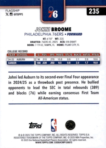 2025 Topps NBA Johni Broome RC #235 Philadelphia 76ers