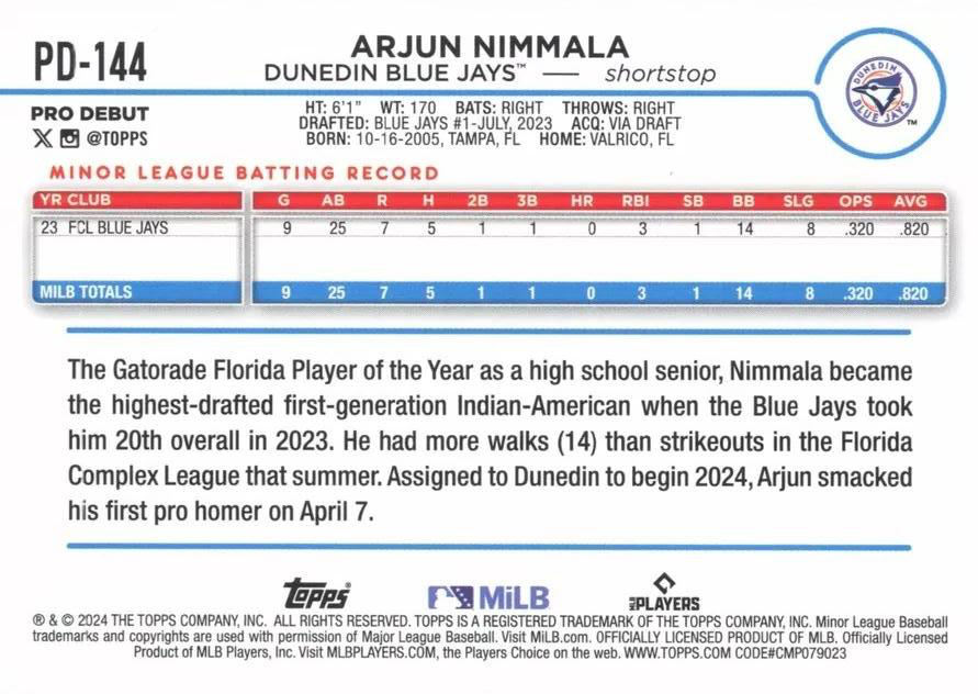 2024 Topps Pro Debut Arjun Nimmala #PD-144 Dunedin Blue Jays