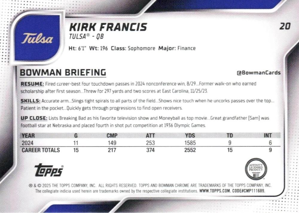 2025 Topps Bowman U Chrome Kirk Francis 1st #20 Tulsa Golden Hurricane