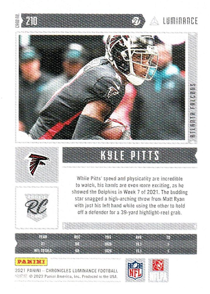 2021 Panini Chronicles Luminance Update Rookie Kyle Pitts RC #210 Atlanta Falcons