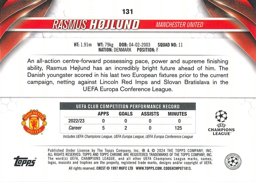 2023 Topps Chrome UEFA Club Competitions Rasmus Højlund #131 Manchester United