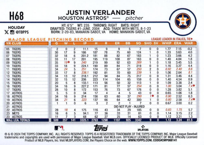 2024 Topps Holiday Justin Verlander Houston Astros #H68