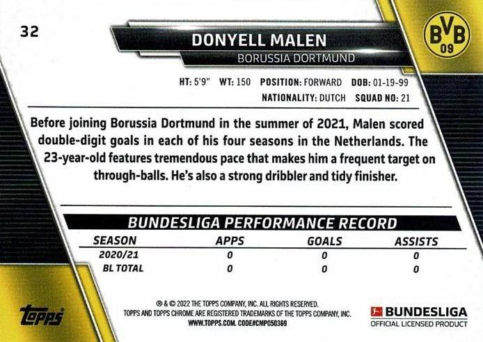 2021 Topps Chrome Bundesliga Donyell Malen #32 Borussia Dortmund