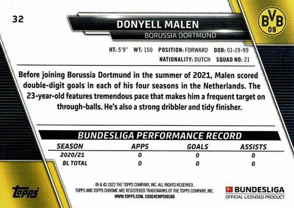 2021 Topps Chrome Bundesliga Donyell Malen #32 Borussia Dortmund