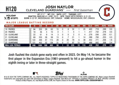 2024 Topps Holiday Silver Glitter Josh Naylor Cleveland Guardians #H120