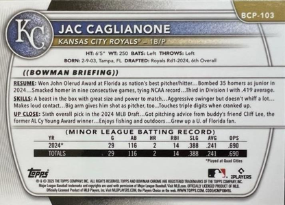 2025 Topps Bowman Chrome Prospect Jac Caglianone #BCP-103 Kansas City Royals