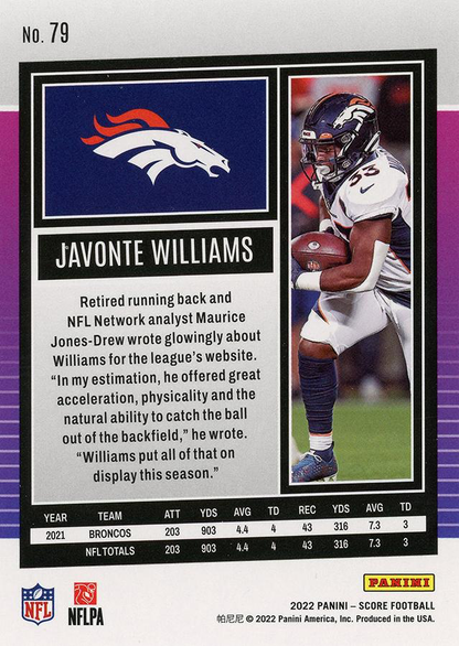2022 Panini Score Javonte Williams Denver Broncos #79