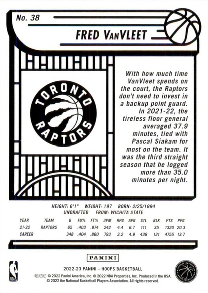 2022 Panini Hoops Fred VanVleet #38 Toronto Raptors
