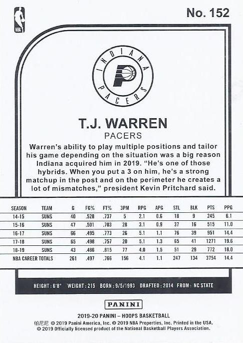 2019 Panini Hoops T.J. Warren #152 Indiana Pacers