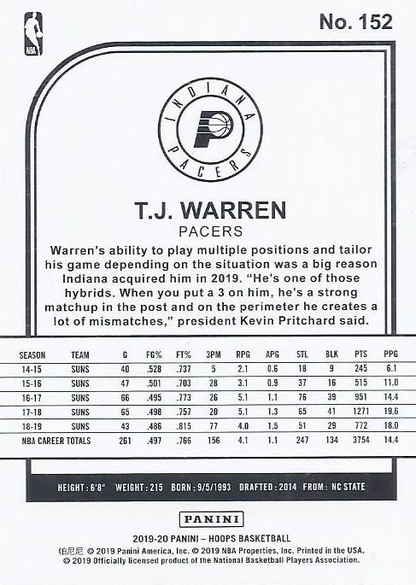 2019 Panini Hoops T.J. Warren #152 Indiana Pacers
