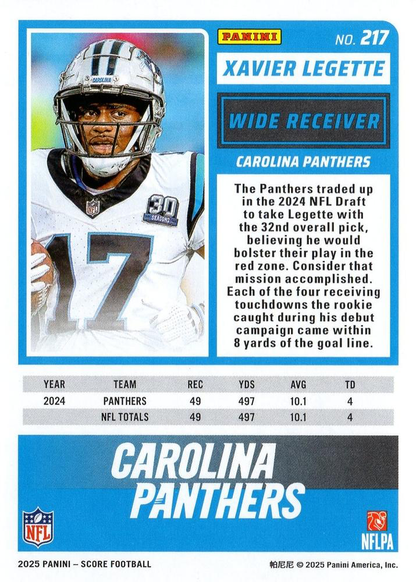 2025 Panini Score Xavier Legette #217 Carolina Panthers