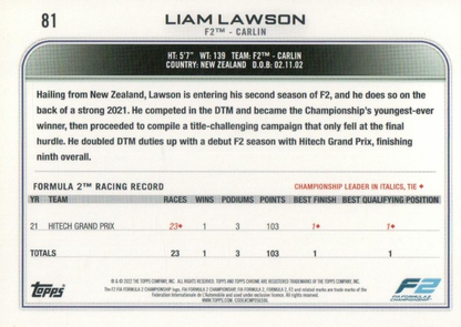 2022 Topps Chrome Formula 1 Black & White RayWave Liam Lawson #81 Carlin