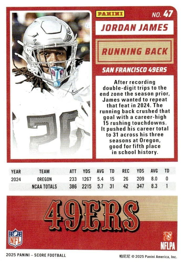 2025 Panini Score Jordan James RC #47 San Francisco 49ers