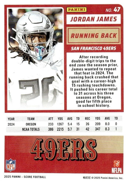 2025 Panini Score Jordan James RC #47 San Francisco 49ers