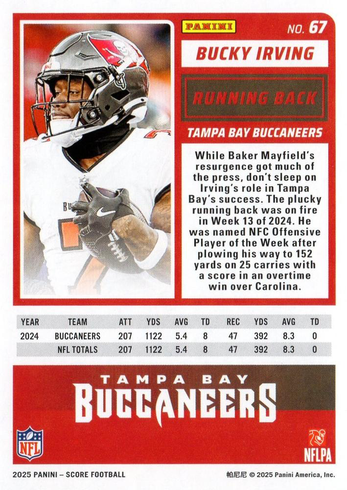 2025 Panini Score Bucky Irving #67 Tampa Bay Buccaneers