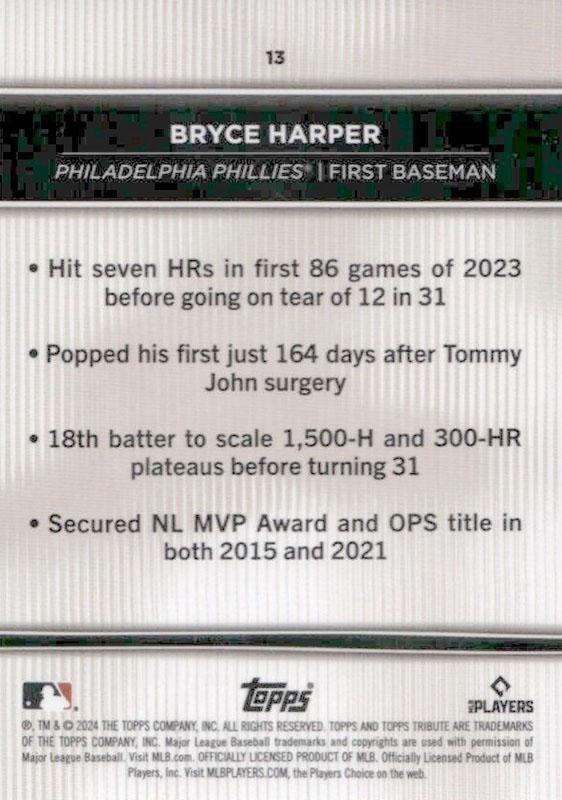 2024 Topps Tribute Bryce Harper Philadelphia Phillies #13