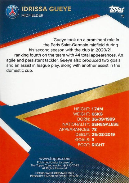 2021 Topps PSG Team Set Idrissa Gueye #15 Paris Saint-Germain