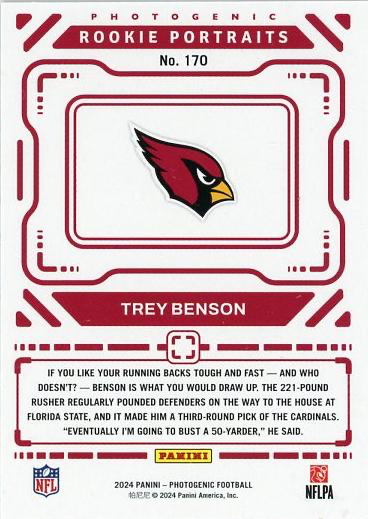 2024 Panini Photogenic Portrait RC Trey Benson #170 Arizona Cardinals