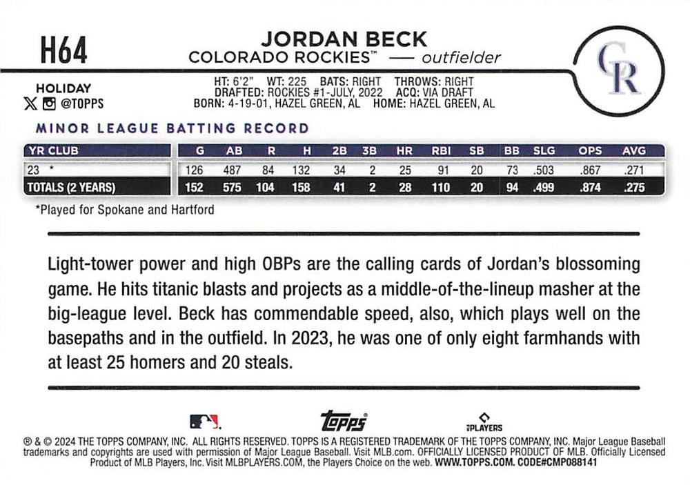 2024 Topps Holiday Jordan Beck RC Colorado Rockies #H64
