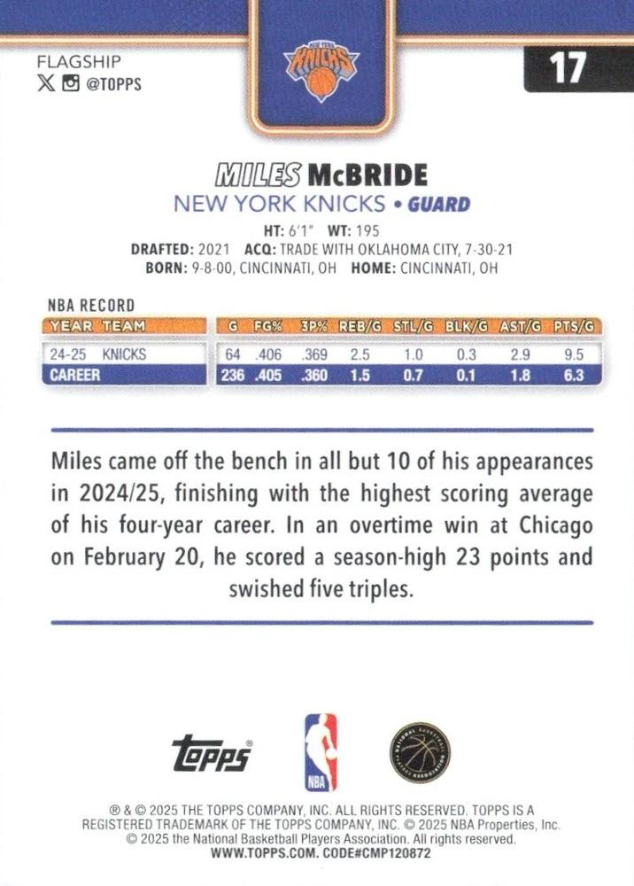2025 Topps NBA Miles McBride #17 New York Knicks